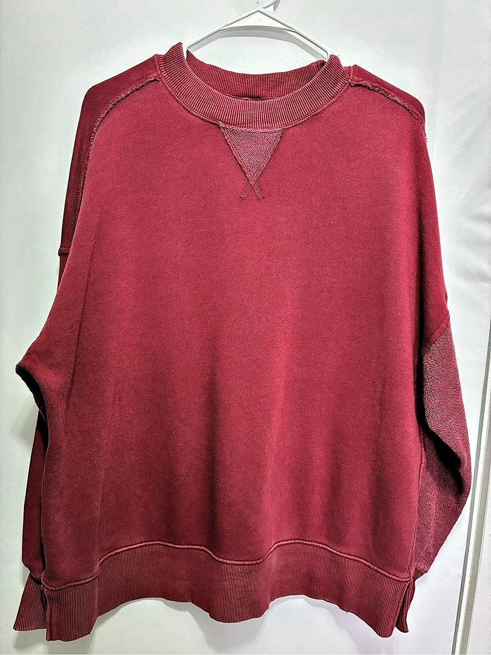 Aerie Oversized Crewneck Sweatshirt Berry Red Washed Exposed Seam Pullover